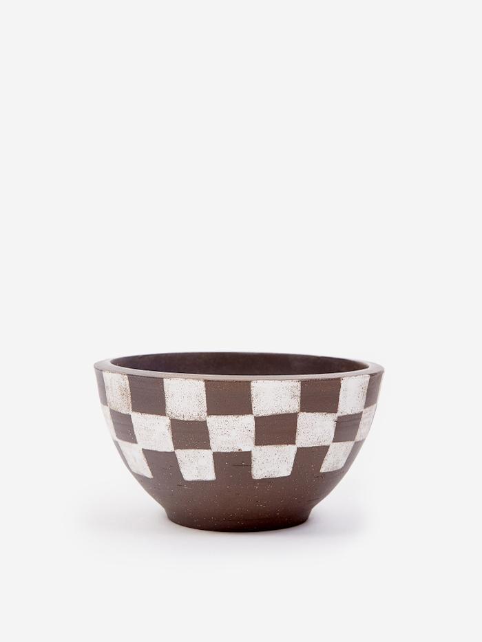 Mellow Mellow Large Incense Bowl - Half Painted Dark Brown Check - White