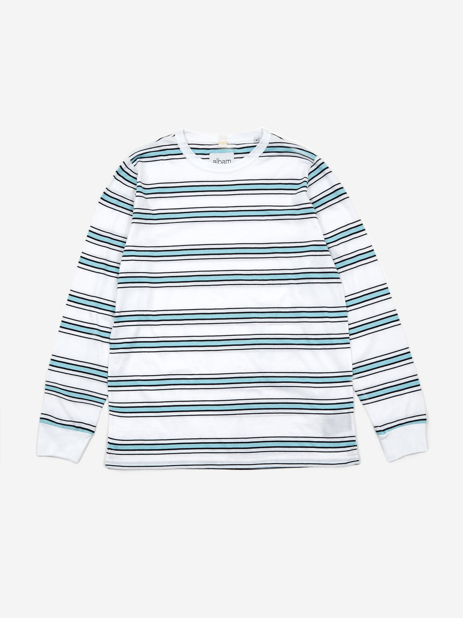 Albam Albam Heritage Stripe Longsleeve T-Shirt - White/Light Blue/Navy - Blue