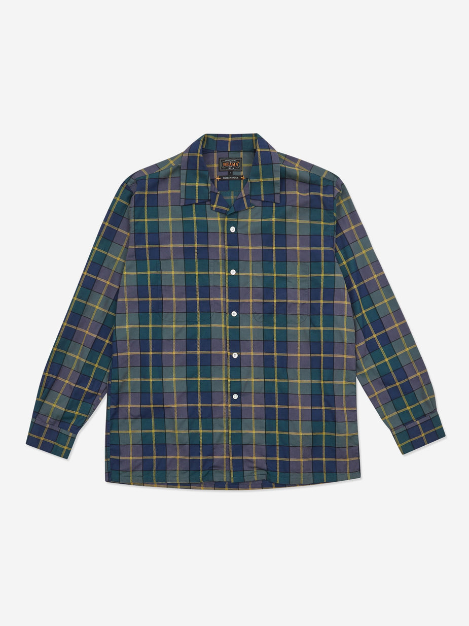 Beams Plus Beams Plus Open Collar Dobby Pen Check Shirt - Navy - Blue