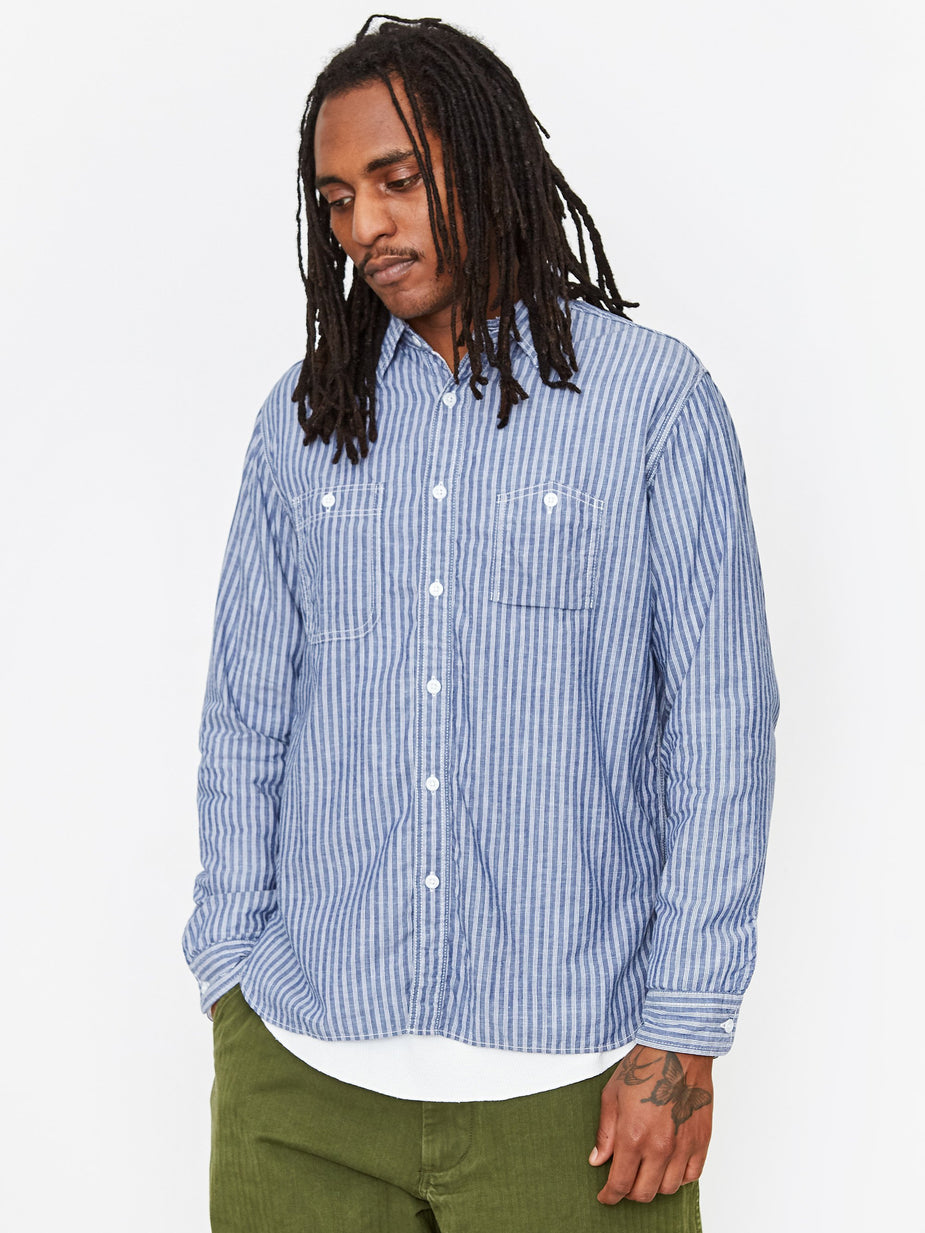 Beams Plus Beams Plus Cotton Linen Stripe Work Shirt - Blue - Blue