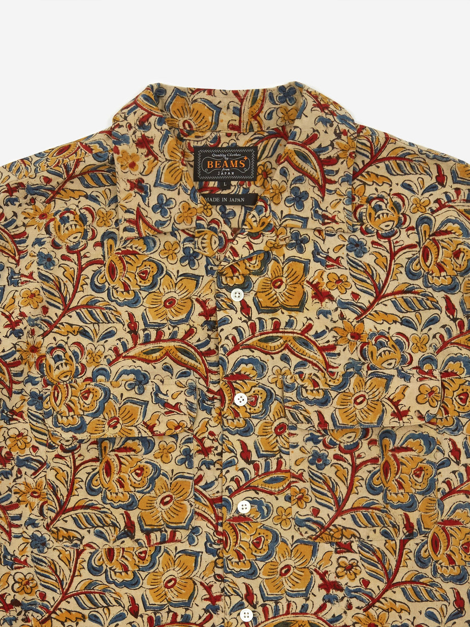 Beams Plus Beams Plus Open Collar Block Print Shortsleeve Shirt - Beige - Neutrals