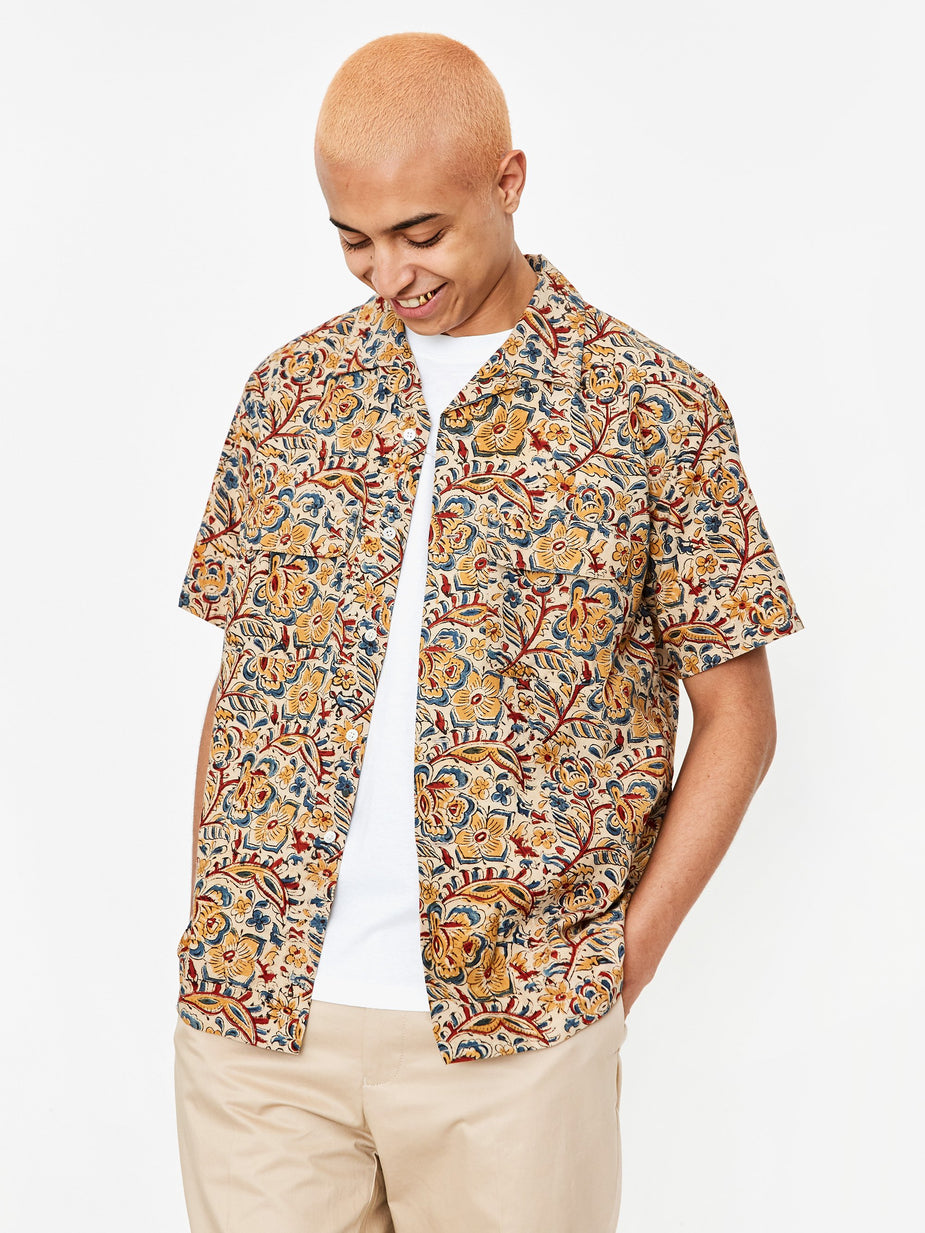 Beams Plus Beams Plus Open Collar Block Print Shortsleeve Shirt - Beige - Neutrals