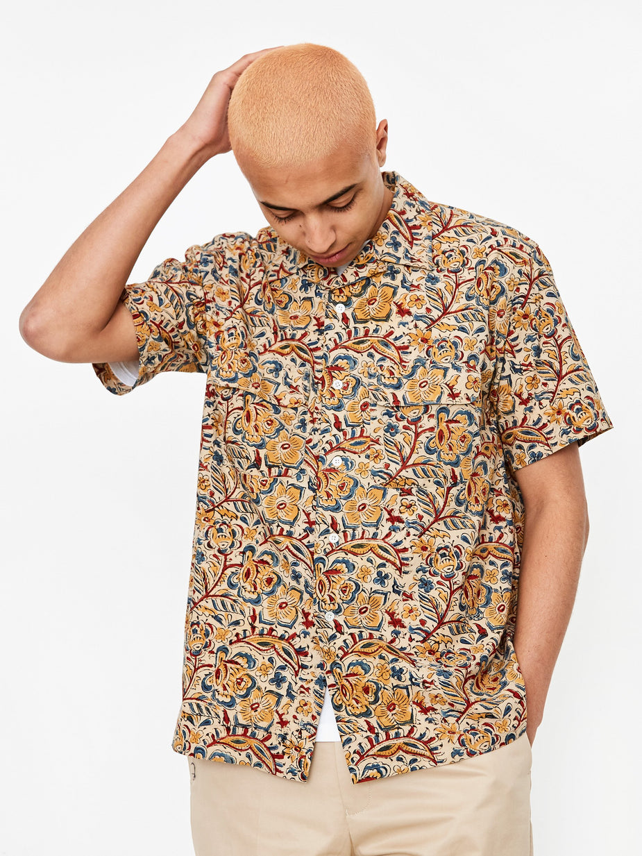 Beams Plus Beams Plus Open Collar Block Print Shortsleeve Shirt - Beige - Neutrals