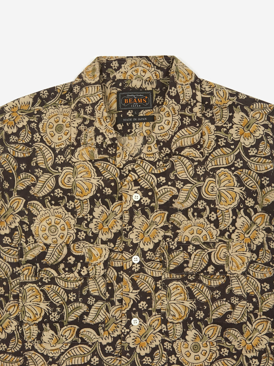 Beams Plus Beams Plus Open Collar Block Print Shortsleeve Shirt - Black/Brown - Brown