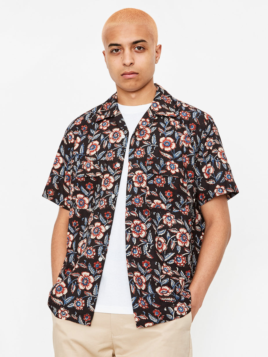 Beams Plus Beams Plus Open Collar Block Print Shortsleeve Shirt - Black - Black