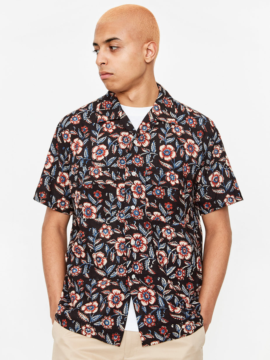 Beams Plus Beams Plus Open Collar Block Print Shortsleeve Shirt - Black - Black