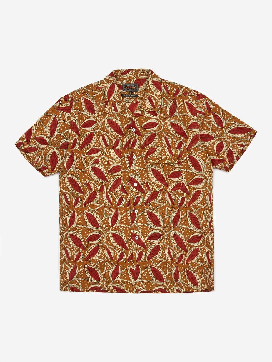 Beams Plus Beams Plus Open Collar Block Print Shortsleeve Shirt - Brown - Brown