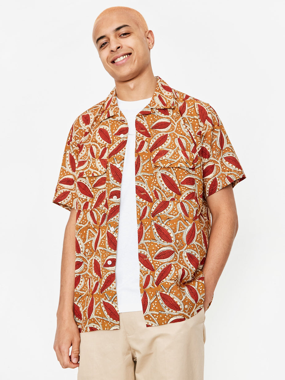 Beams Plus Beams Plus Open Collar Block Print Shortsleeve Shirt - Brown - Brown