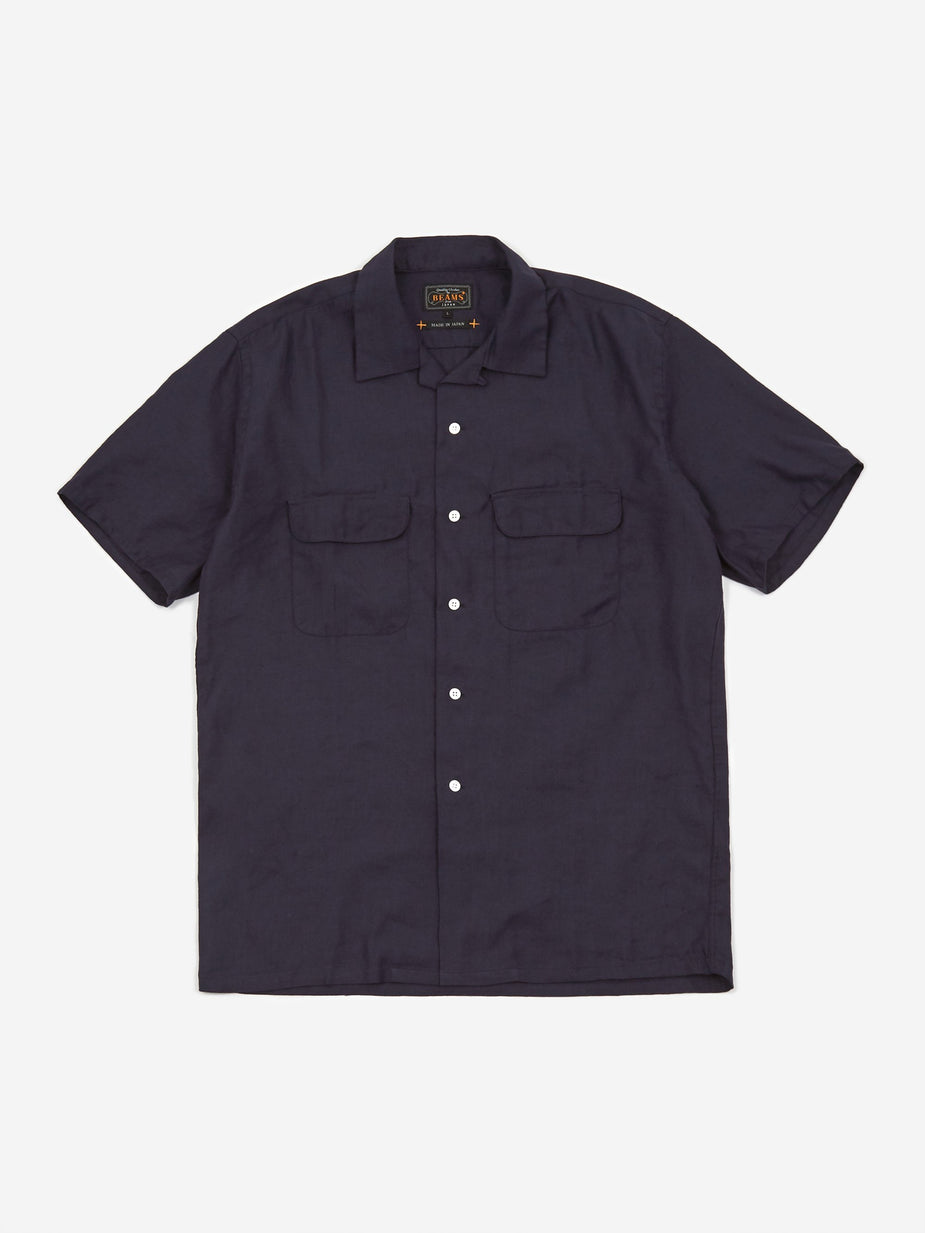 Beams Plus Beams Plus Open Collar COOLMAX Shortsleeve Shirt - Navy - Blue