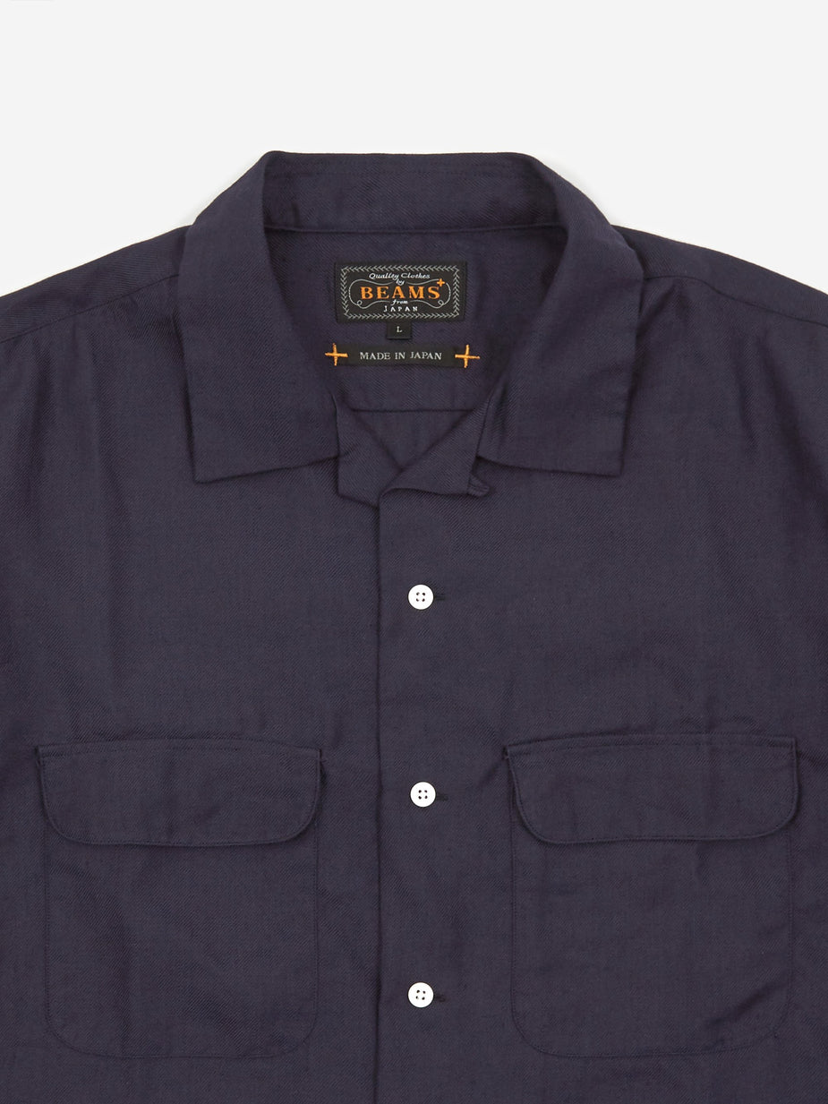 Beams Plus Beams Plus Open Collar COOLMAX Shortsleeve Shirt - Navy - Blue