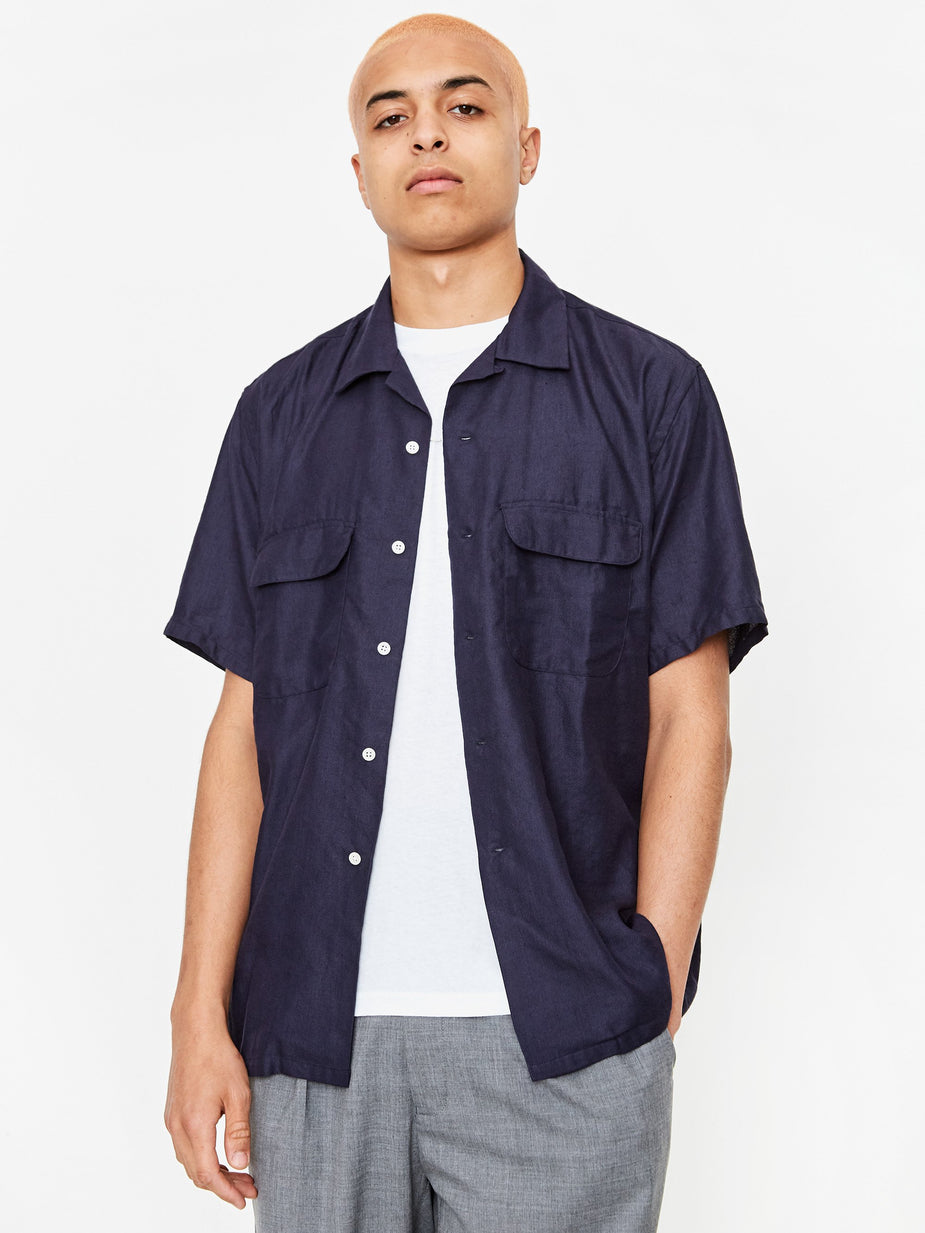 Beams Plus Beams Plus Open Collar COOLMAX Shortsleeve Shirt - Navy - Blue