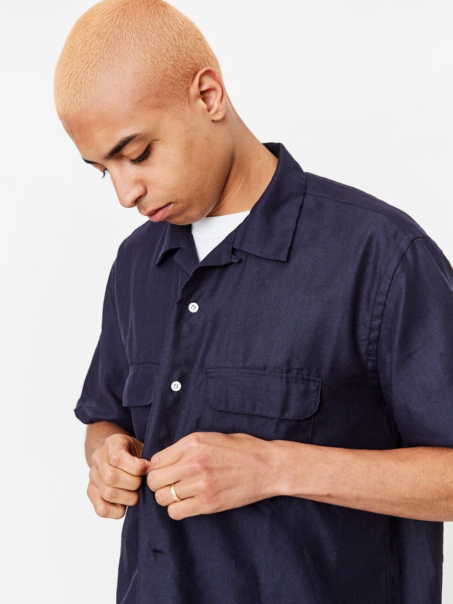 Beams Plus Beams Plus Open Collar COOLMAX Shortsleeve Shirt - Navy - Blue