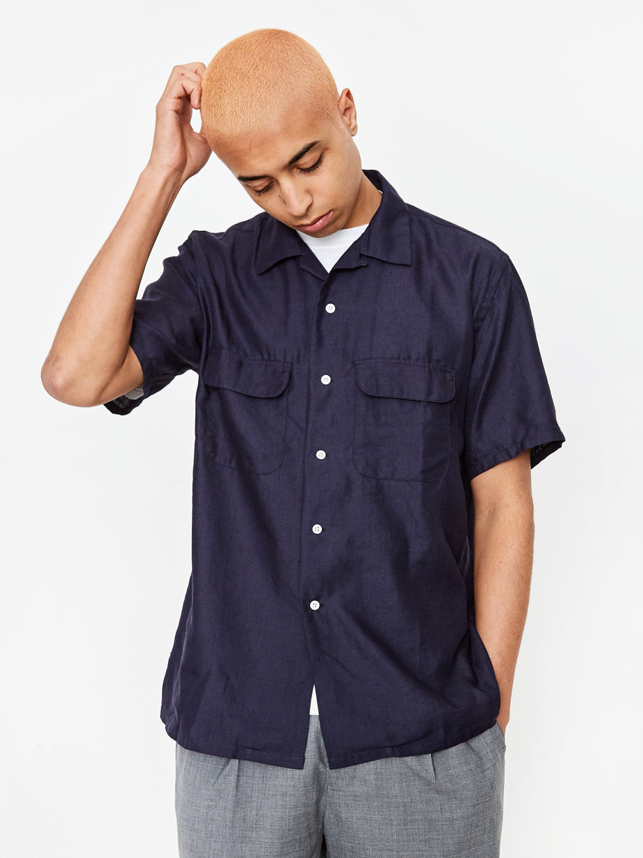Beams Plus Beams Plus Open Collar COOLMAX Shortsleeve Shirt - Navy - Blue