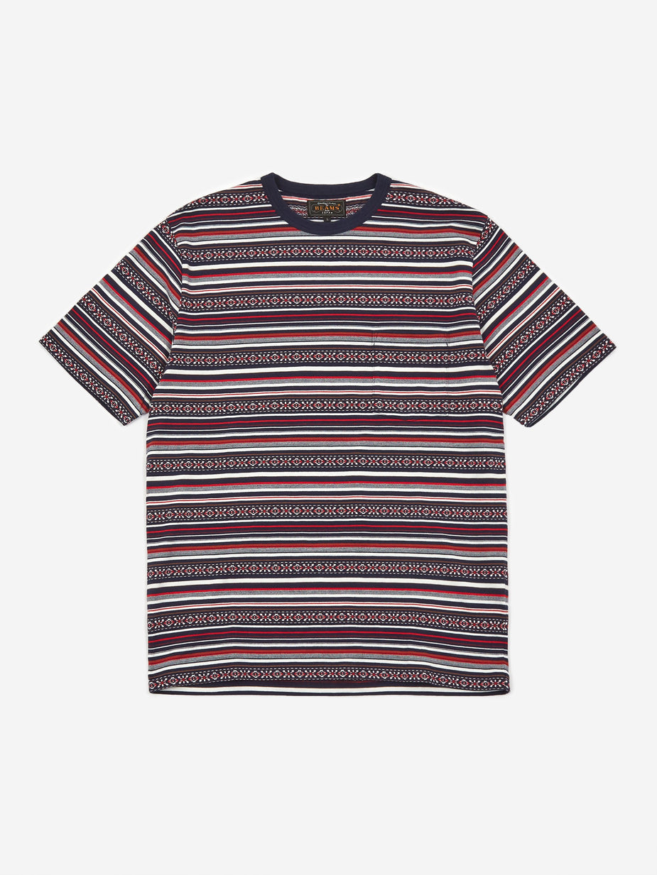 Beams Plus Beams Plus Pocket Jacquard Border T-Shirt - Navy - Blue