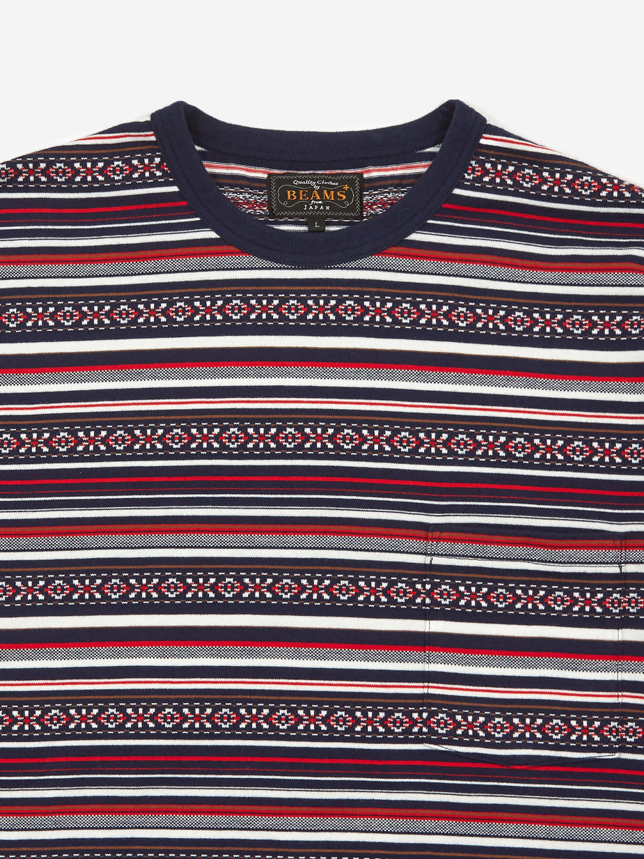 Beams Plus Beams Plus Pocket Jacquard Border T-Shirt - Navy - Blue