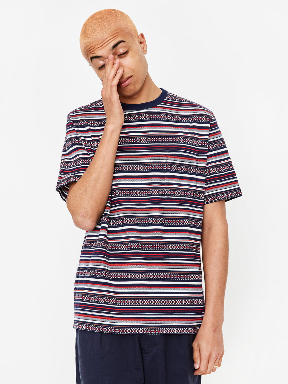 Beams Plus Beams Plus Pocket Jacquard Border T-Shirt - Navy - Blue