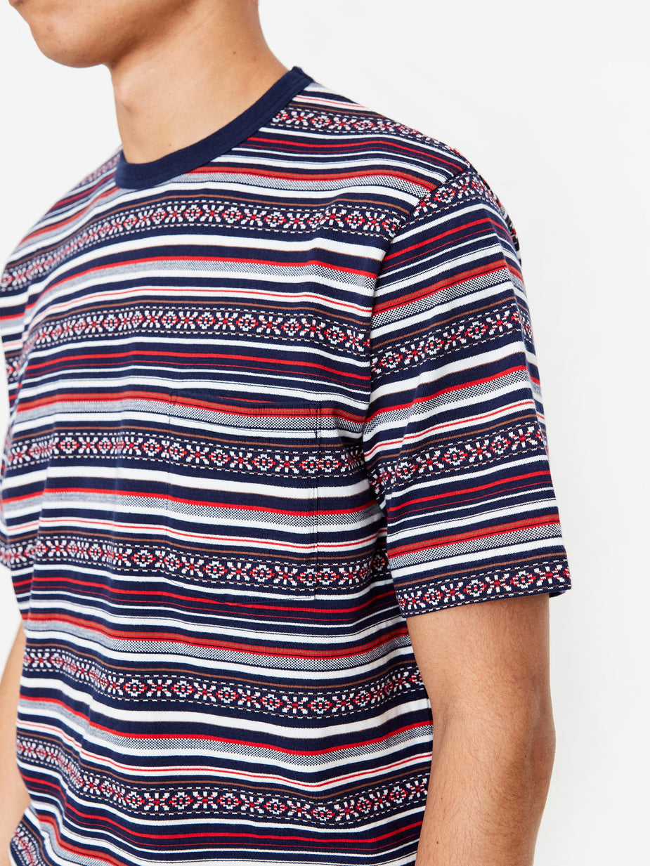 Beams Plus Beams Plus Pocket Jacquard Border T-Shirt - Navy - Blue
