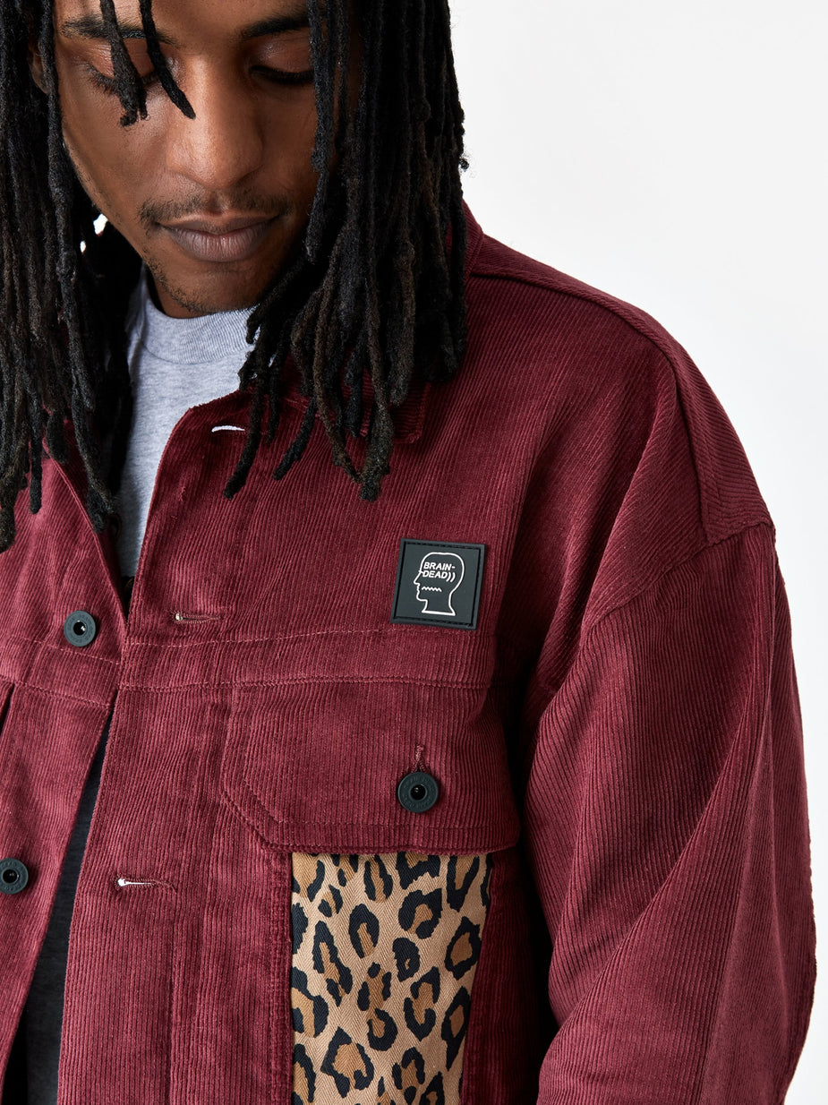 Brain Dead Brain Dead Corduroy Leopard Contrast Trucker Jacket - Maroon - Other