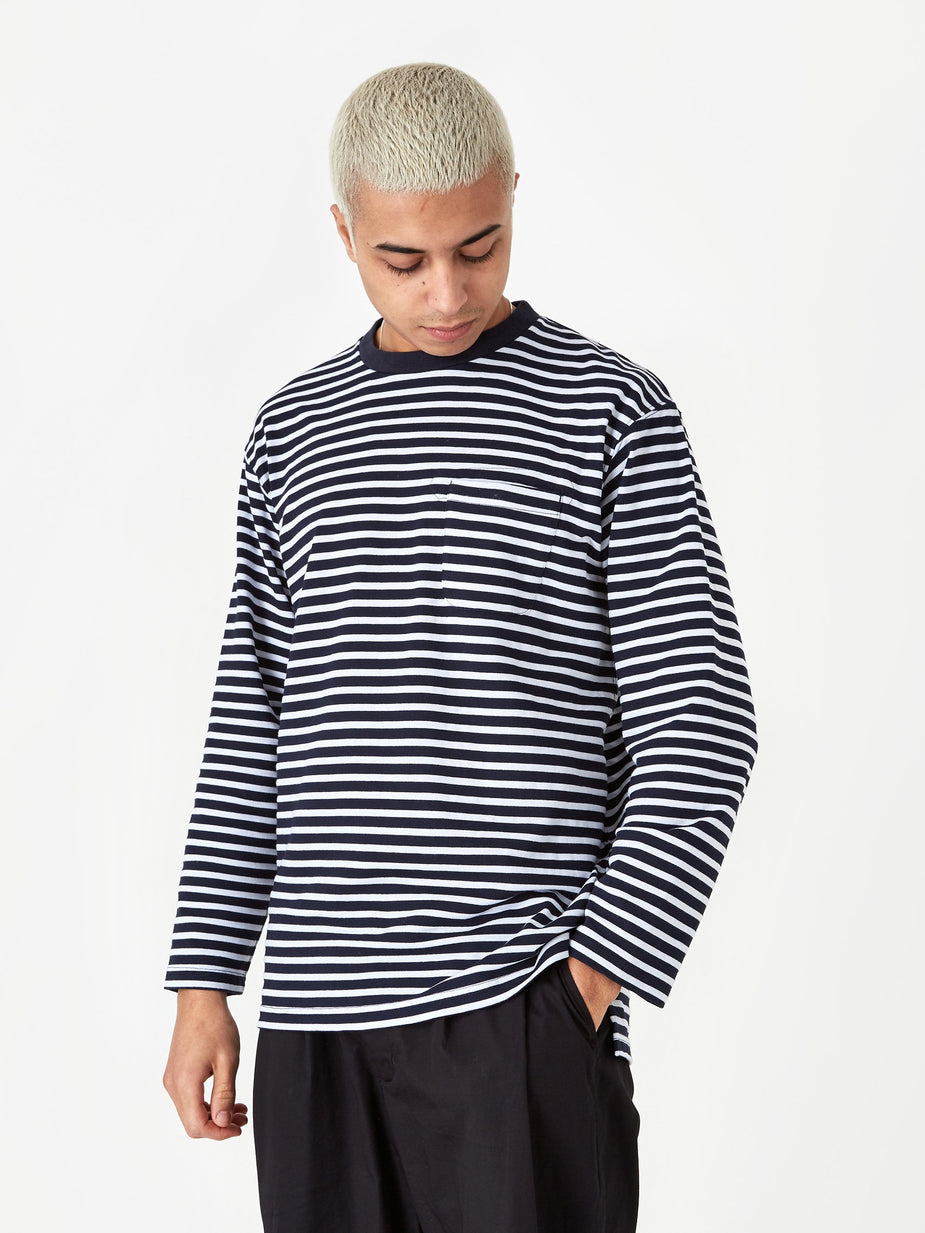 Engineered Garments Engineered Garments Thermal Crewneck T-Shirt - Navy/White Stripe - White