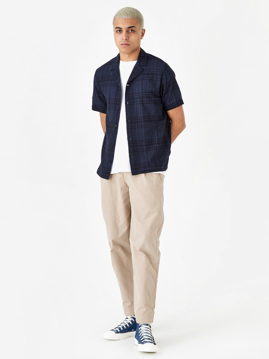 Folk Folk Soft Collar Shortsleeve Shirt - Navy Overdyed Check - Blue
