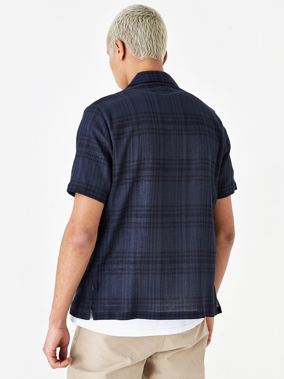 Folk Folk Soft Collar Shortsleeve Shirt - Navy Overdyed Check - Blue
