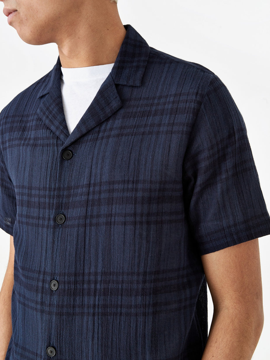 Folk Folk Soft Collar Shortsleeve Shirt - Navy Overdyed Check - Blue