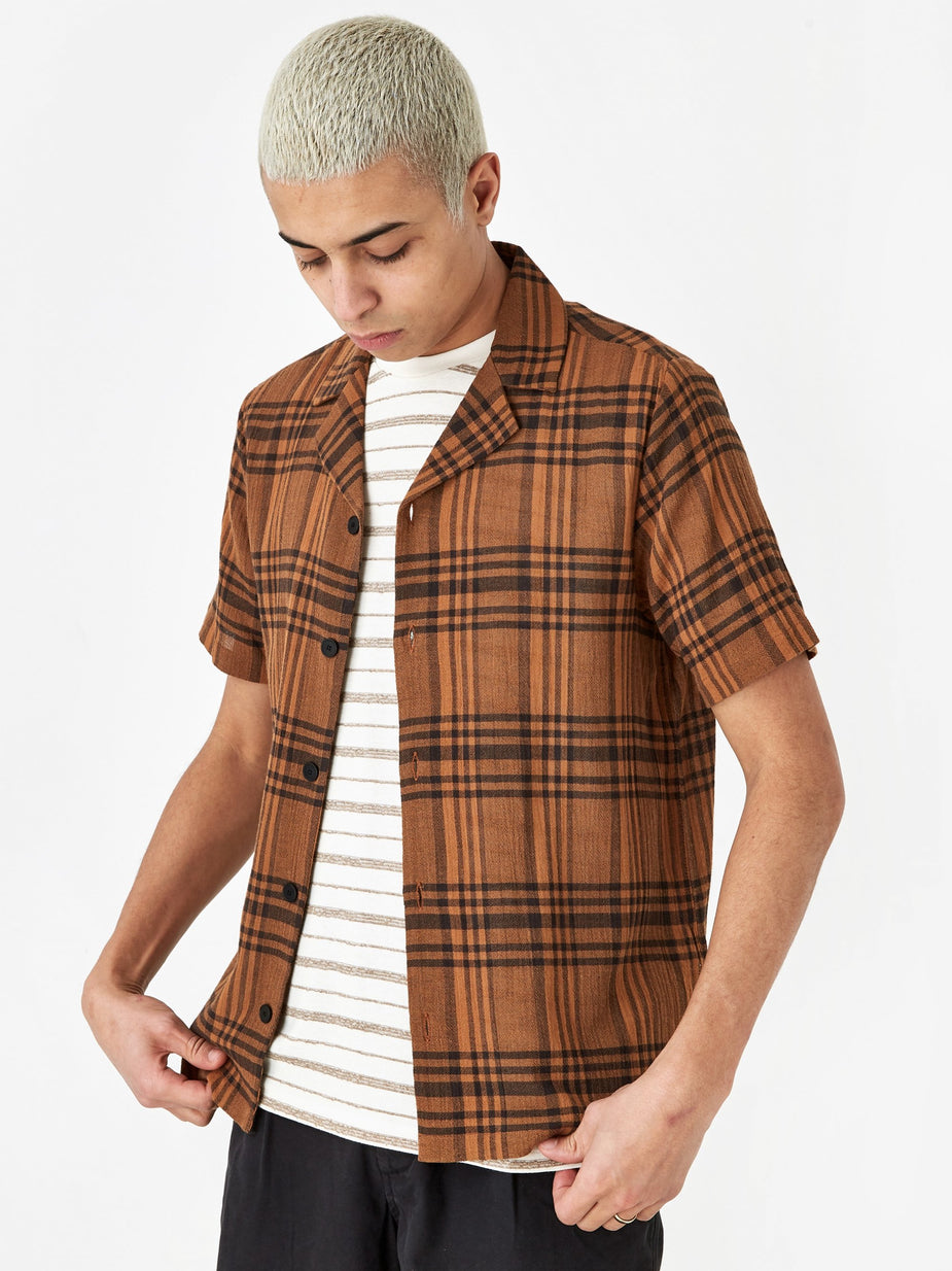Folk Folk Soft Collar Shortsleeve Shirt - Teak Overdyed Check - Tie-Dye