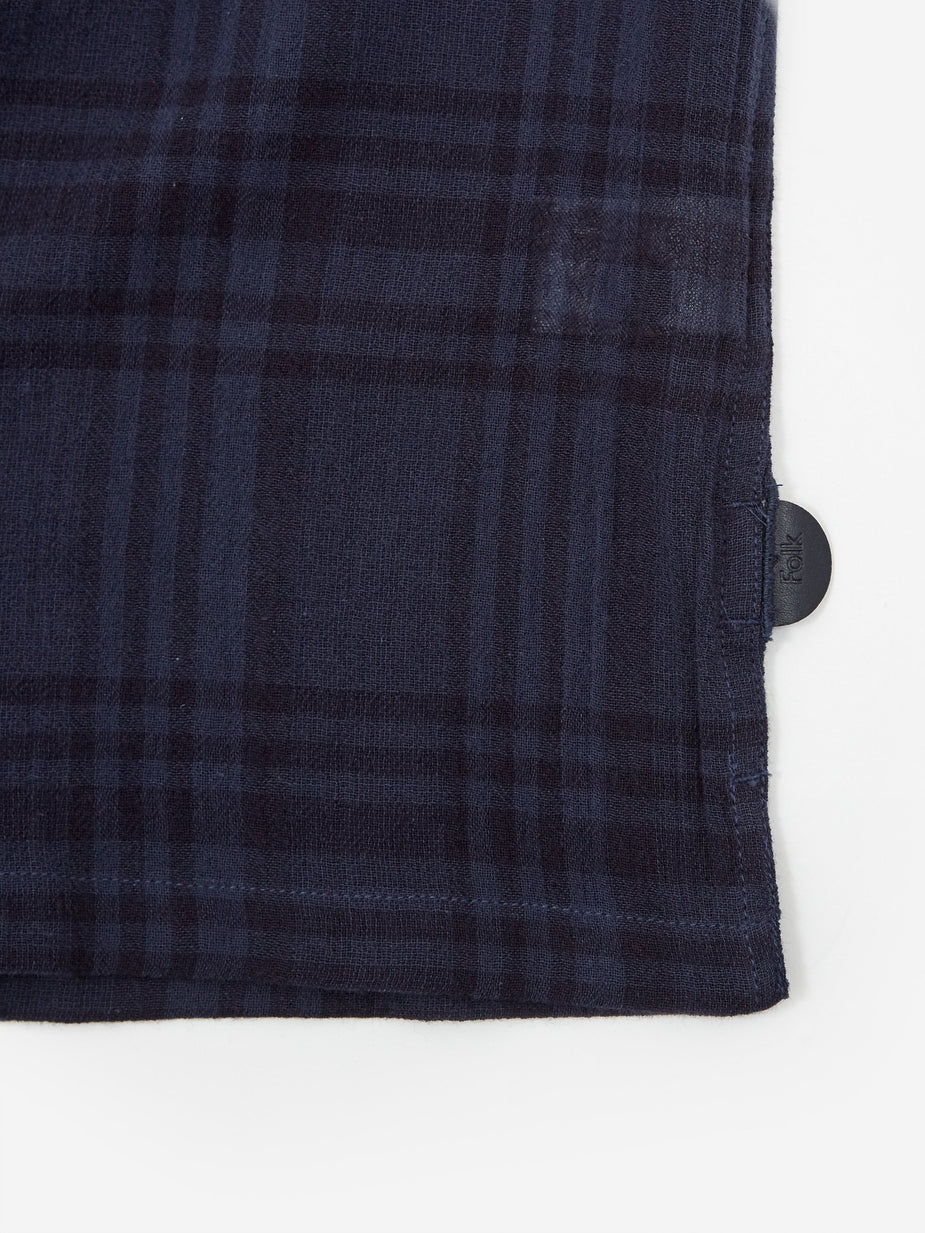 Folk Folk Soft Collar Shortsleeve Shirt - Navy Overdyed Check - Blue