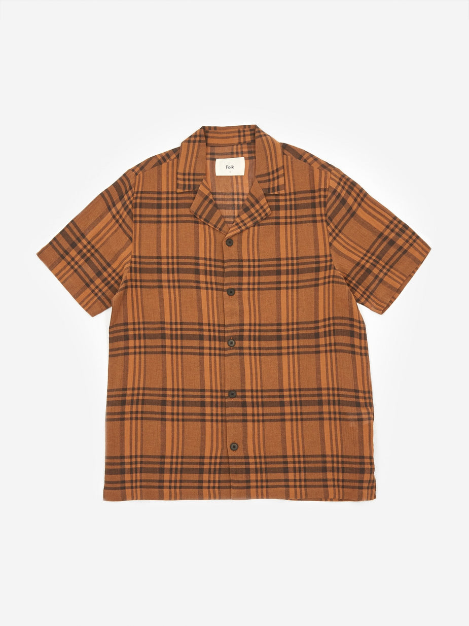 Folk Folk Soft Collar Shortsleeve Shirt - Teak Overdyed Check - Tie-Dye