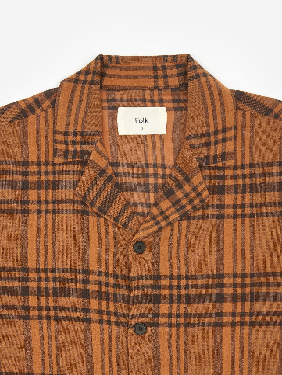 Folk Folk Soft Collar Shortsleeve Shirt - Teak Overdyed Check - Tie-Dye
