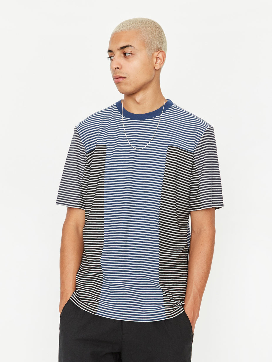Folk Folk Stagger Stripe Shortsleeve T-Shirt - Multi Stripe Indigo - Blue