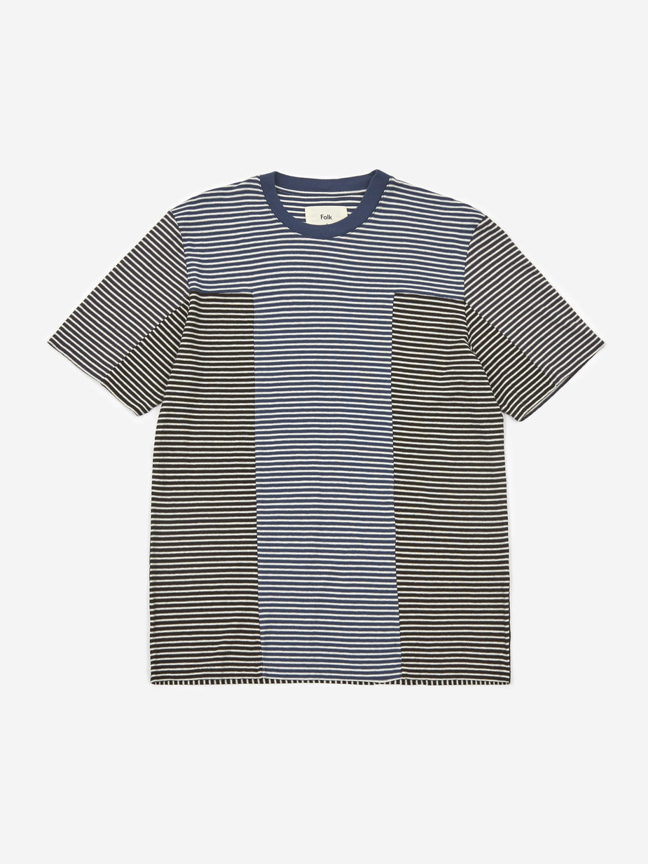 Folk Folk Stagger Stripe Shortsleeve T-Shirt - Multi Stripe Indigo - Blue