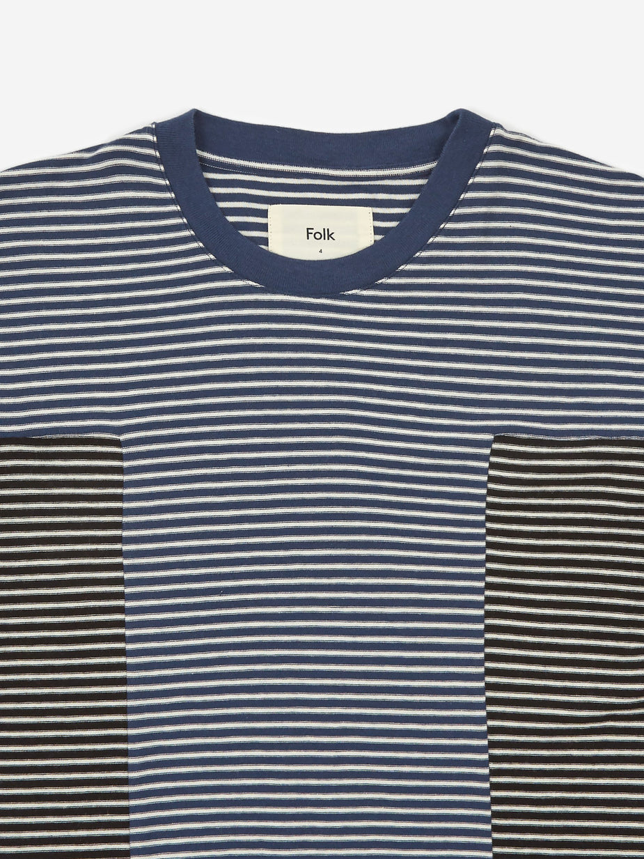 Folk Folk Stagger Stripe Shortsleeve T-Shirt - Multi Stripe Indigo - Blue