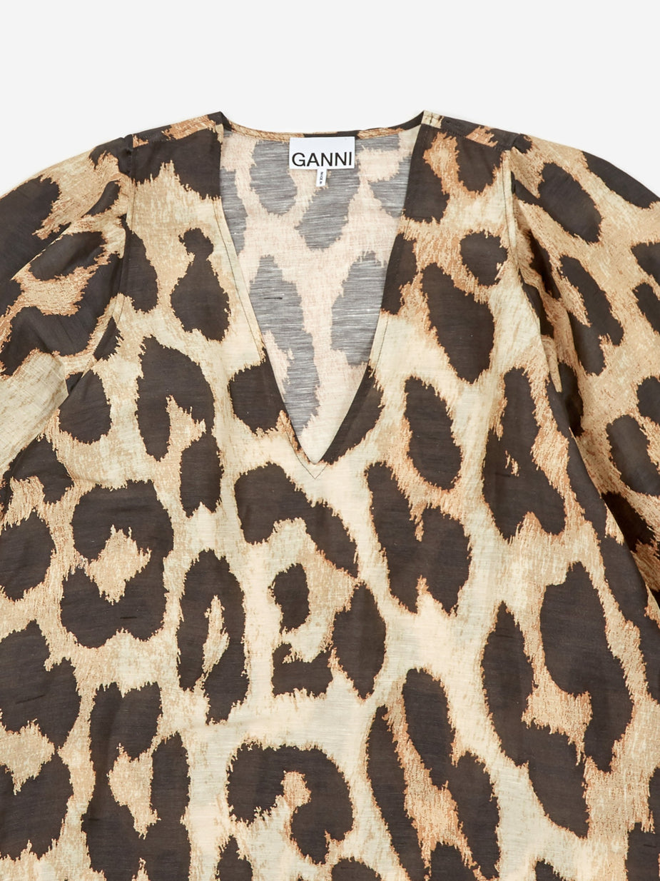 Ganni Ganni Silk Linen Dress - Maxi Leopard - Animal Print