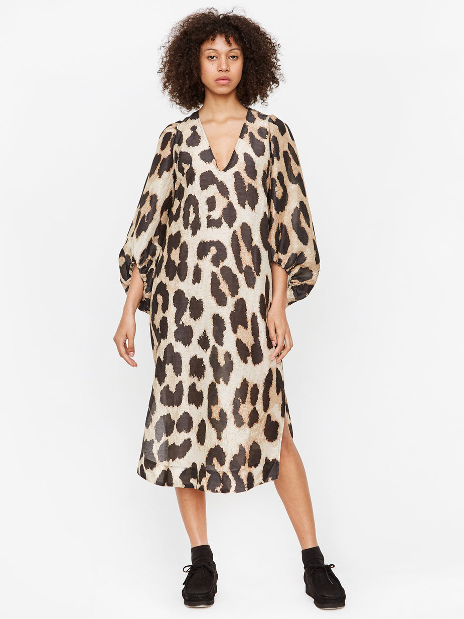Ganni Ganni Silk Linen Dress - Maxi Leopard - Animal Print
