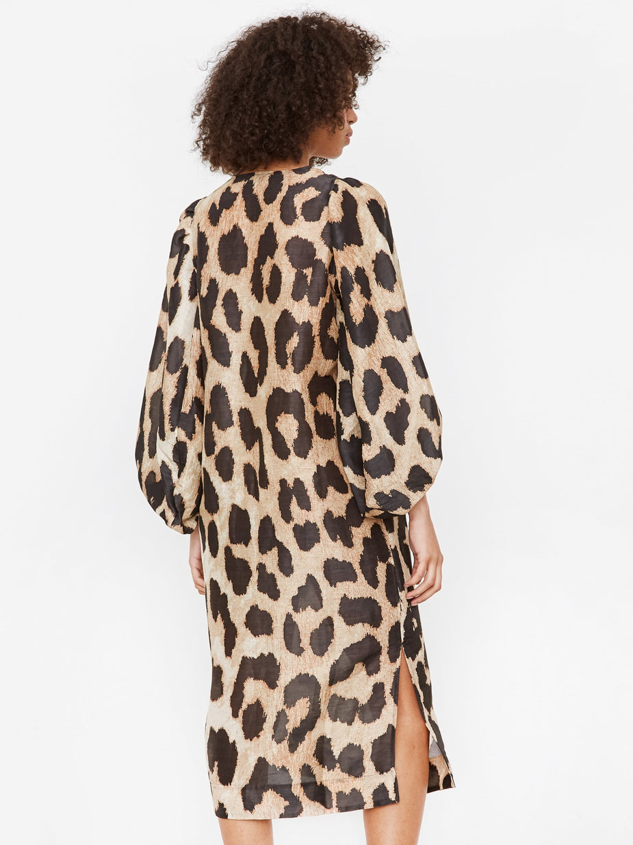 Ganni Ganni Silk Linen Dress - Maxi Leopard - Animal Print