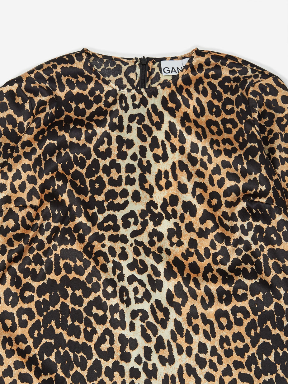 Ganni Ganni Silk Stretch Satin Longsleeve Dress - Leopard - Animal Print