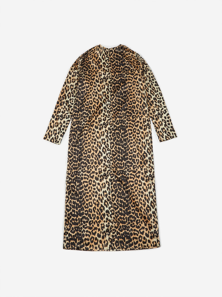 Ganni Ganni Silk Stretch Satin Longsleeve Dress - Leopard - Animal Print
