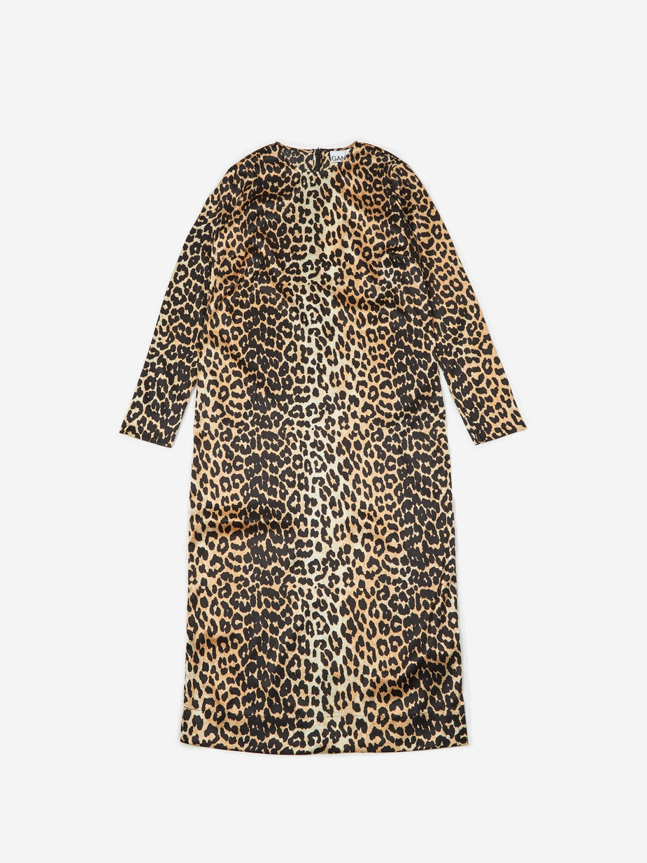 Ganni Ganni Silk Stretch Satin Longsleeve Dress - Leopard - Animal Print