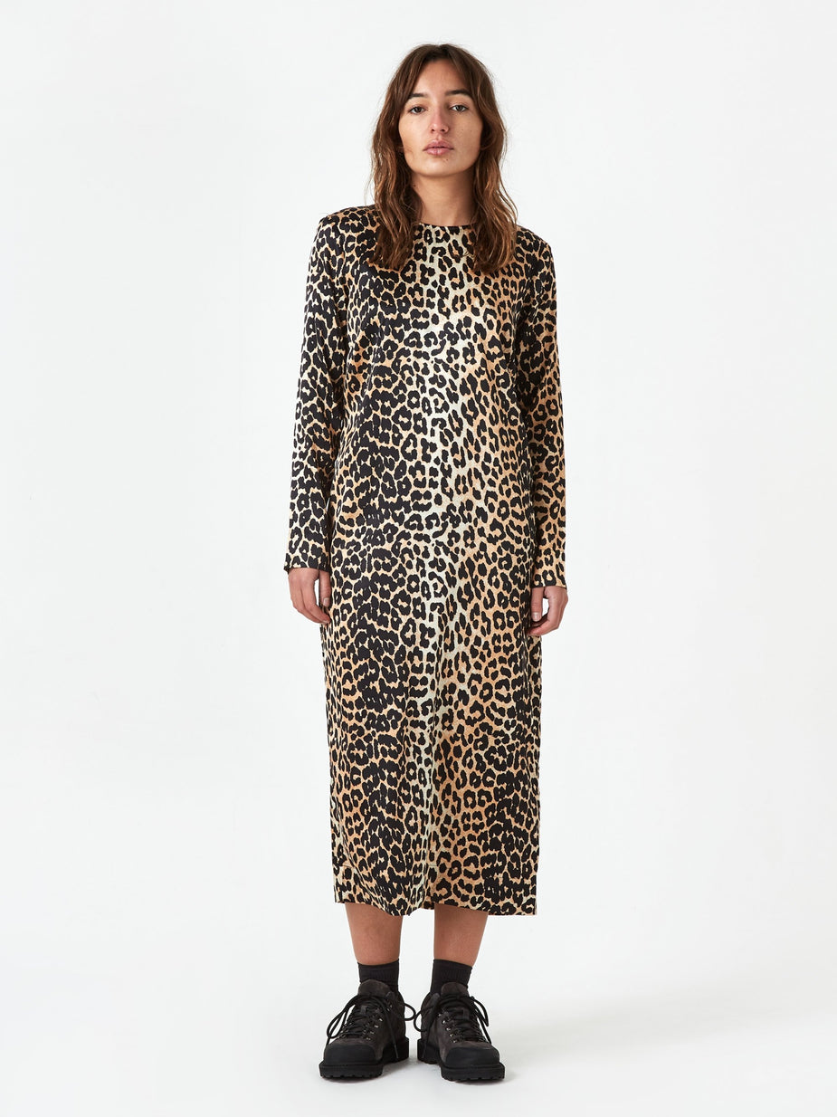 Ganni Ganni Silk Stretch Satin Longsleeve Dress - Leopard - Animal Print