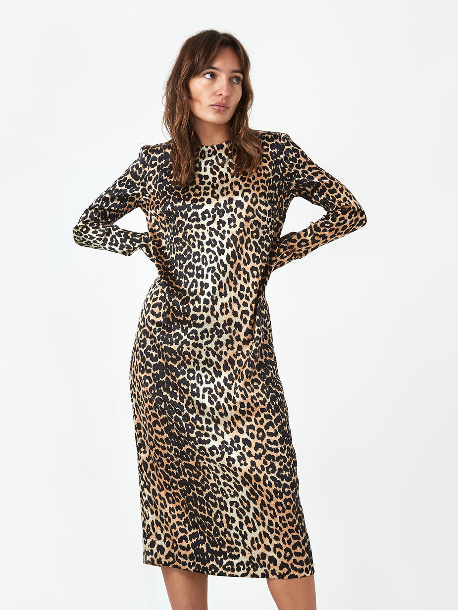 Ganni Ganni Silk Stretch Satin Longsleeve Dress - Leopard - Animal Print