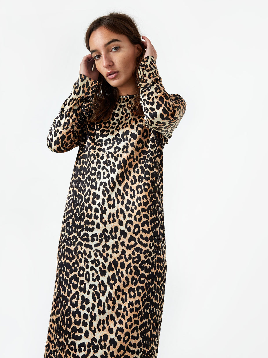 Ganni Ganni Silk Stretch Satin Longsleeve Dress - Leopard - Animal Print