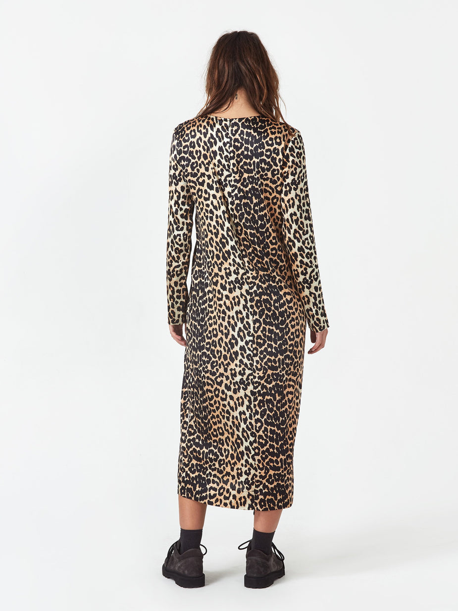 Ganni Ganni Silk Stretch Satin Longsleeve Dress - Leopard - Animal Print