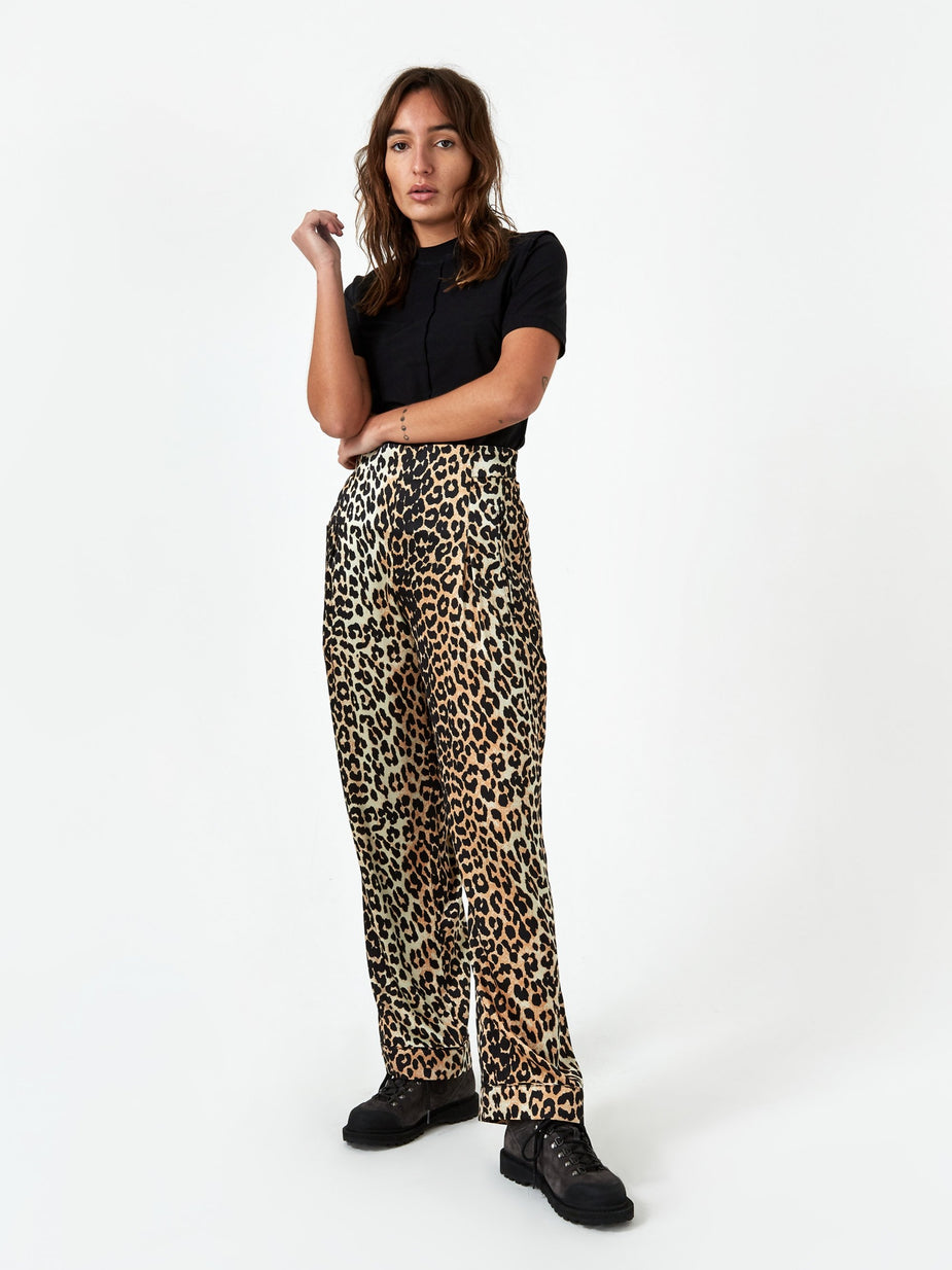 Ganni Ganni Silk Stretch Satin Trouser - Leopard - Animal Print