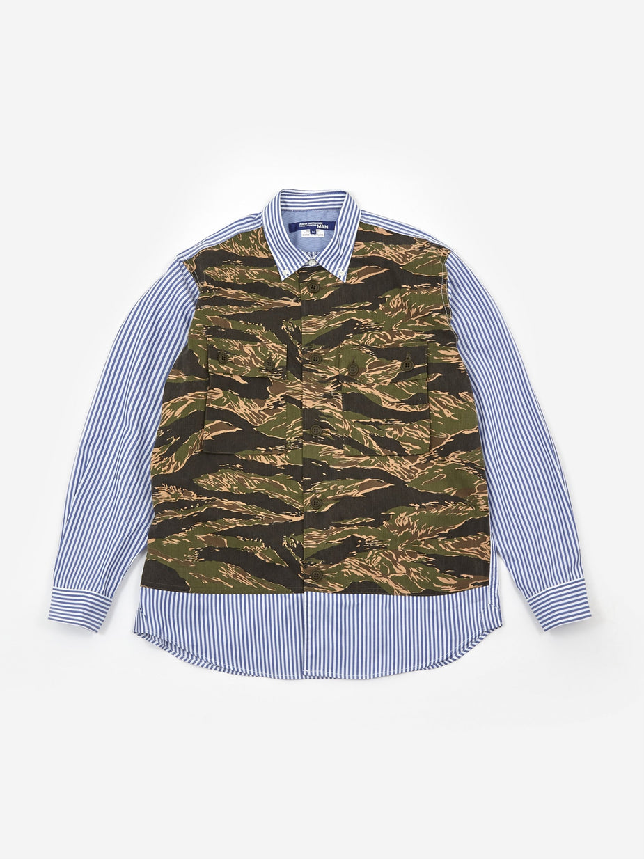 Junya Watanabe Man Junya Watanabe MAN Chino Print Dobby Stripe Shirt - Khaki/White/Blue - Blue