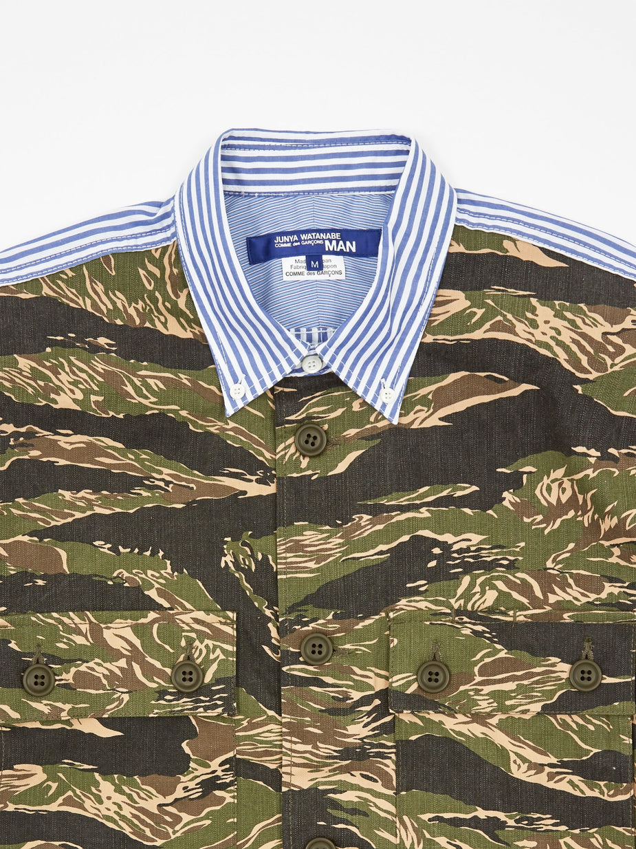 Junya Watanabe Man Junya Watanabe MAN Chino Print Dobby Stripe Shirt - Khaki/White/Blue - Blue