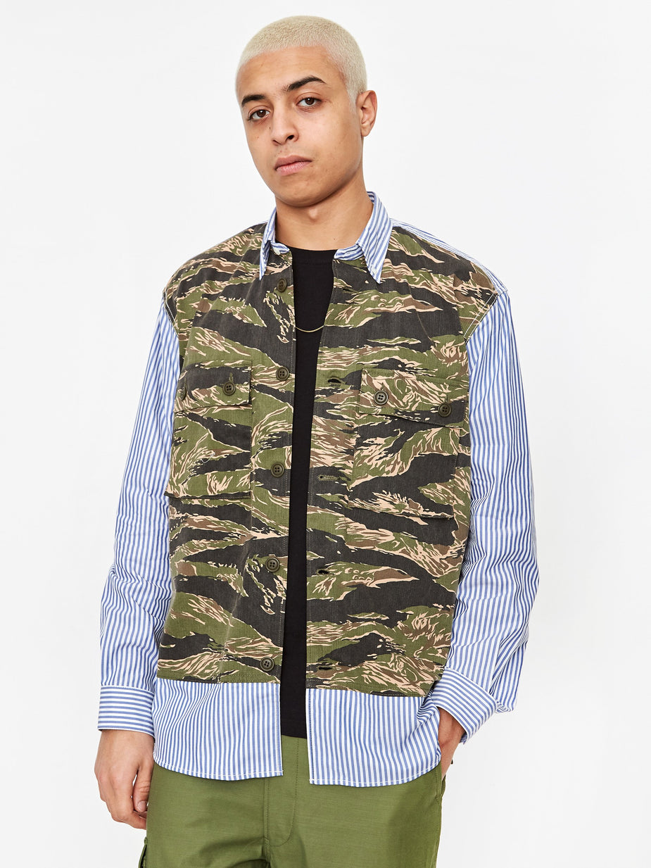 Junya Watanabe Man Junya Watanabe MAN Chino Print Dobby Stripe Shirt - Khaki/White/Blue - Blue