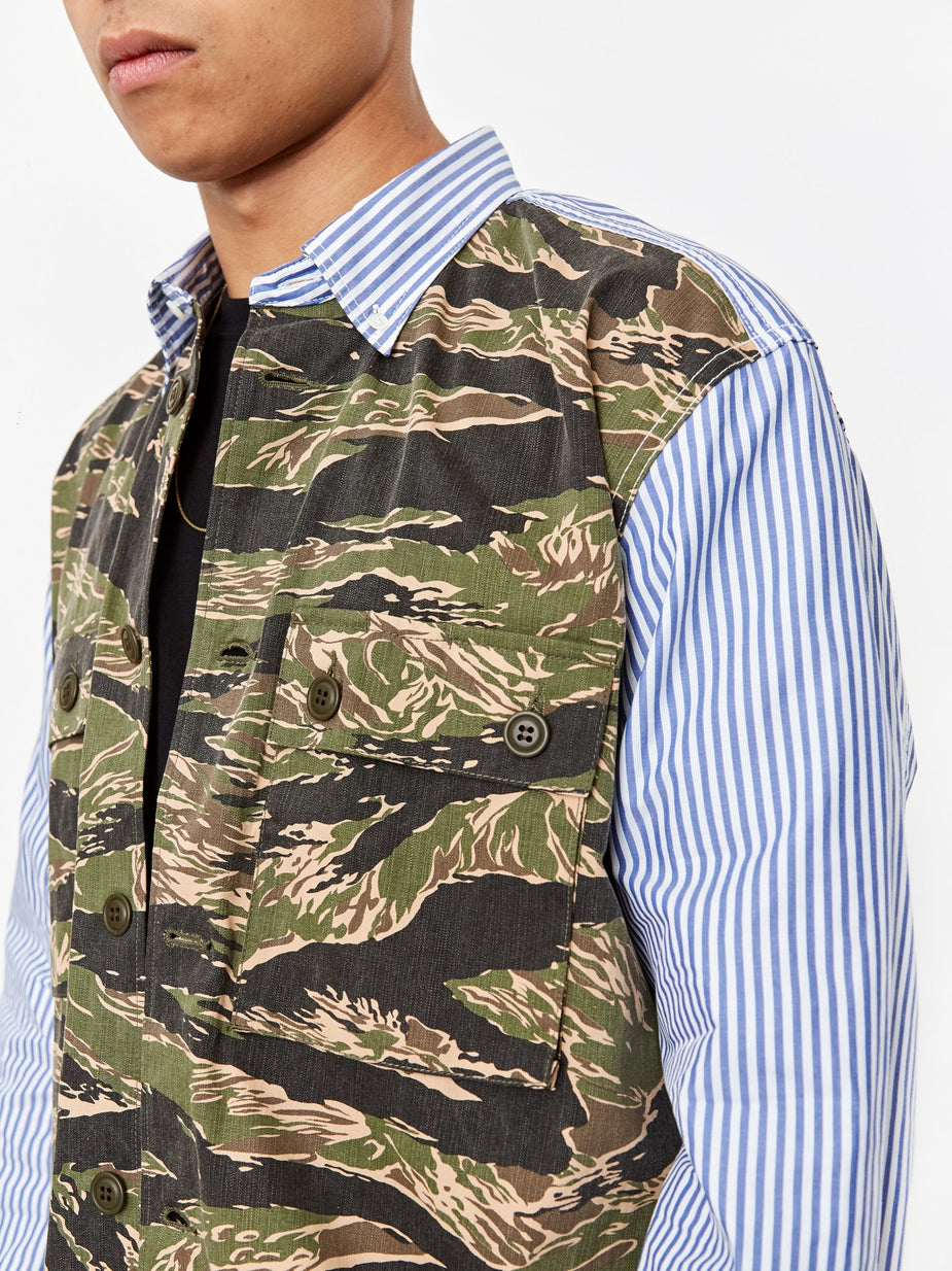 Junya Watanabe Man Junya Watanabe MAN Chino Print Dobby Stripe Shirt - Khaki/White/Blue - Blue