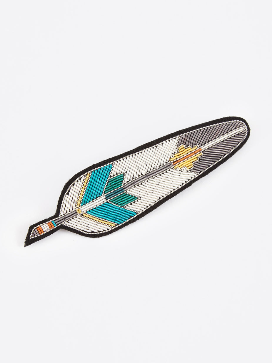Macon & Lesquoy Macon & Lesquoy Coloured Feather 10cm Embroidered Pin - Blue