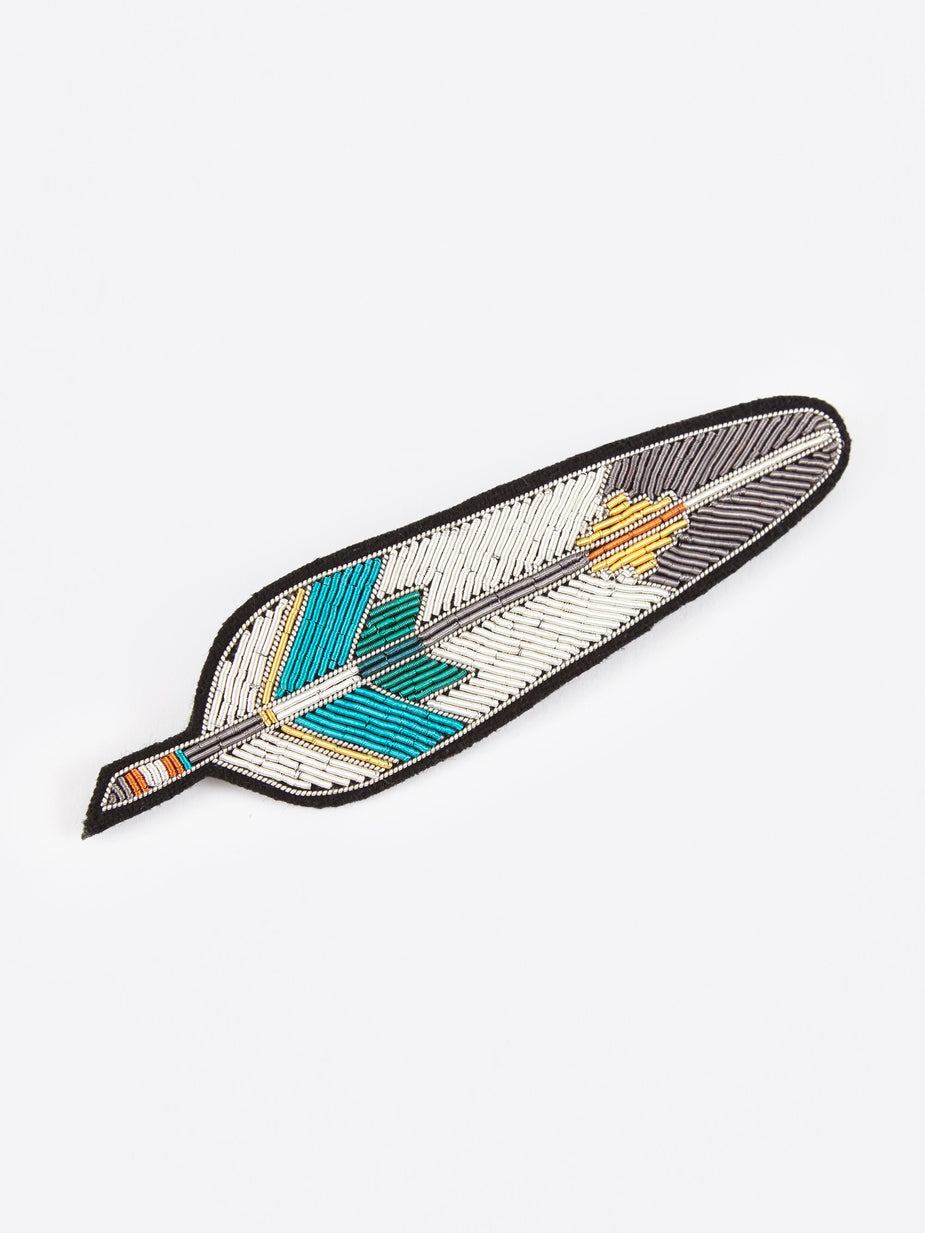 Macon & Lesquoy Macon & Lesquoy Coloured Feather 10cm Embroidered Pin - Blue